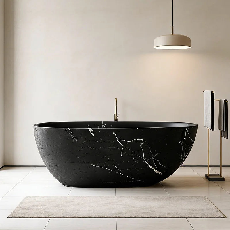 1700x750x540mm Bathroom Artificial Stone Freestanding Stone Bathtub, Black with White Veins