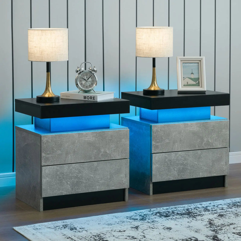 Cubehom Bedroom Nightstand Set of 2 LED Nightstand with 2 Drawers, Nightstand with LED Light