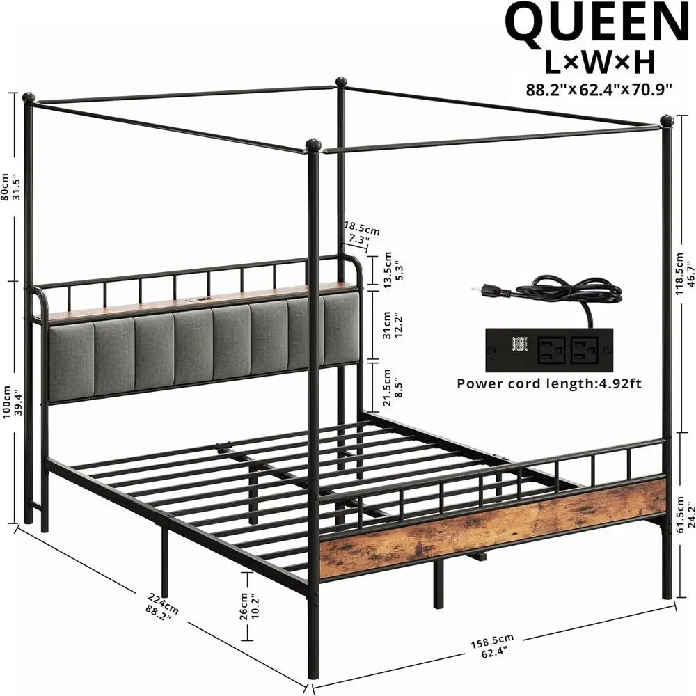 LIKIMIO Canopy Bed Frame Queen, Storage Headboard with Charging Station, Platform Bed with 4 Removable Sturdy Posts,