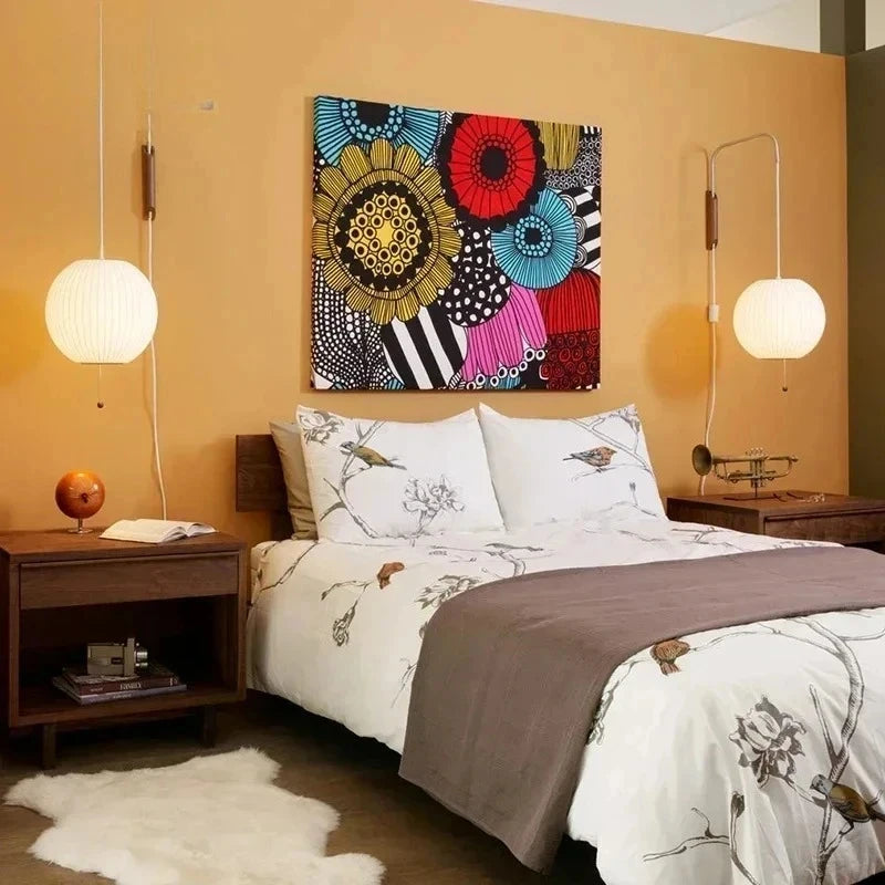 Modern Japanese Style Wall Lamp with Pull Chain Walnut Wood Base Silk Shade LED