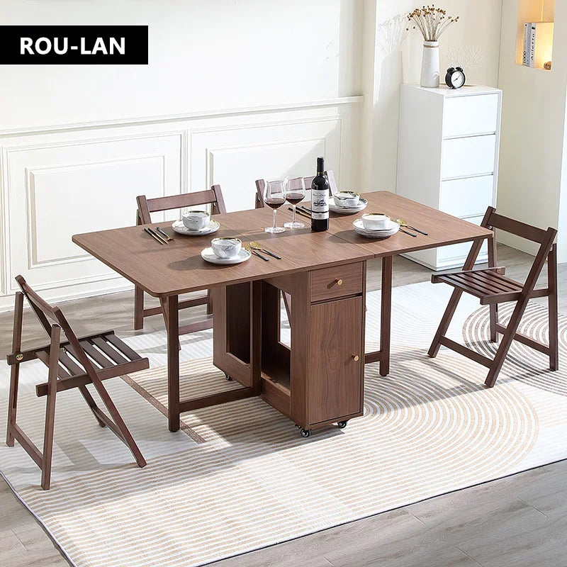 Folding Dining Table and Chairs, with 2 Drawers and 4 Wheels, Space Saving Table