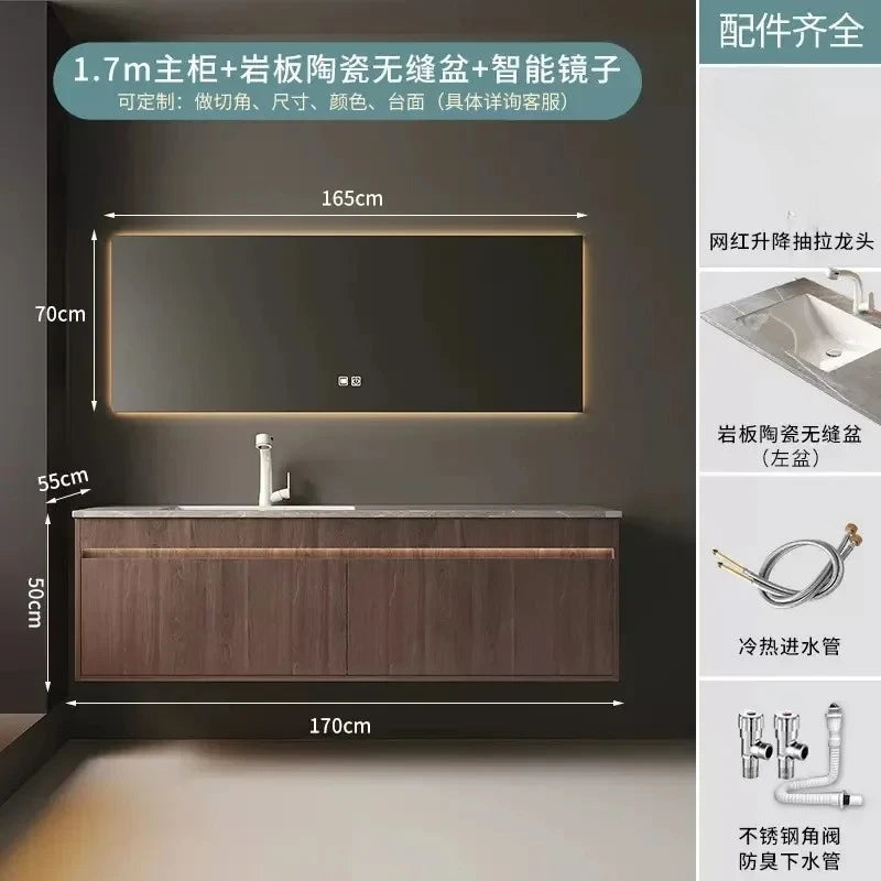 Light Luxury Vanity, Modern Solid Wood Bathroom Sink Cabinet, Rock Slab Integrated Washbasin