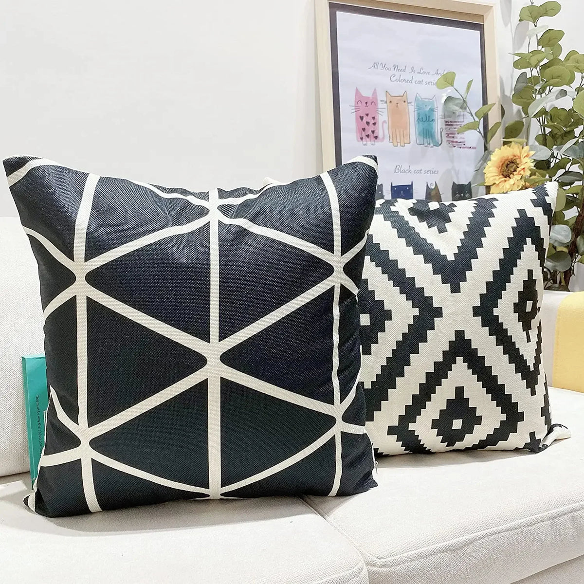 Black Geometric Linen Pillow Cover