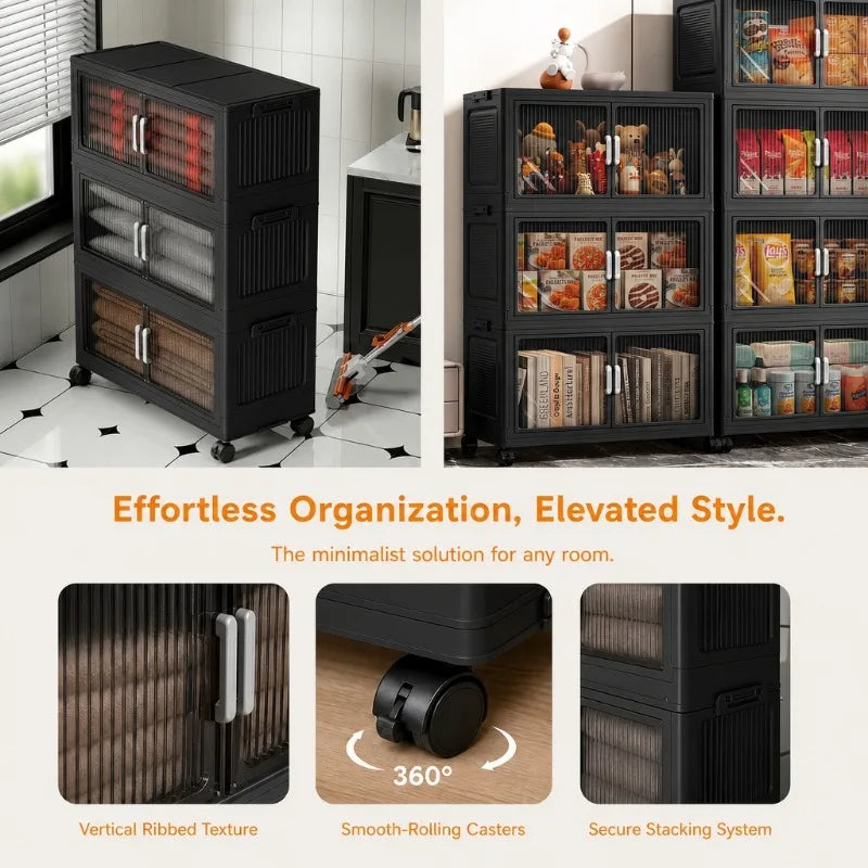 Foldable Storage Cabinets with Wheels, Stackable Plastic Storage Organizers with Transparent Flap Doors,
