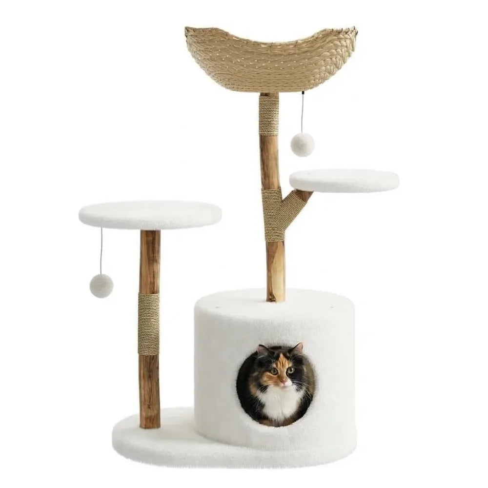 43 Inch Wooden Cat Tree Tower with Rattan, Large Cat Climbing Furniture, Multi-Level Activity Center with Perches,