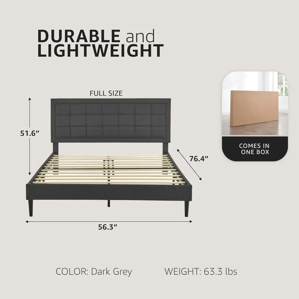 Dark Grey Full Size Upholstered Platform Bed with Button-Tufted Headboard, , Metal Frame & Wood Slat Support