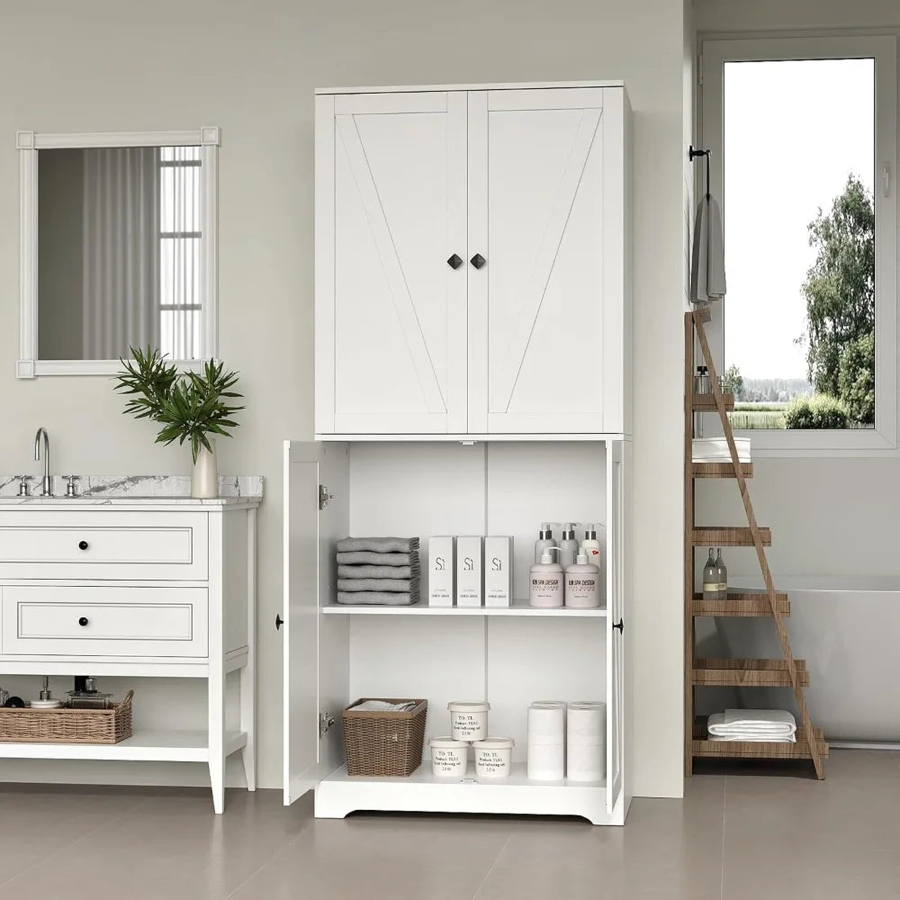 72" Farmhouse Pantry Cabinet, 4 Barn Doors, Adjustable Shelves, White
