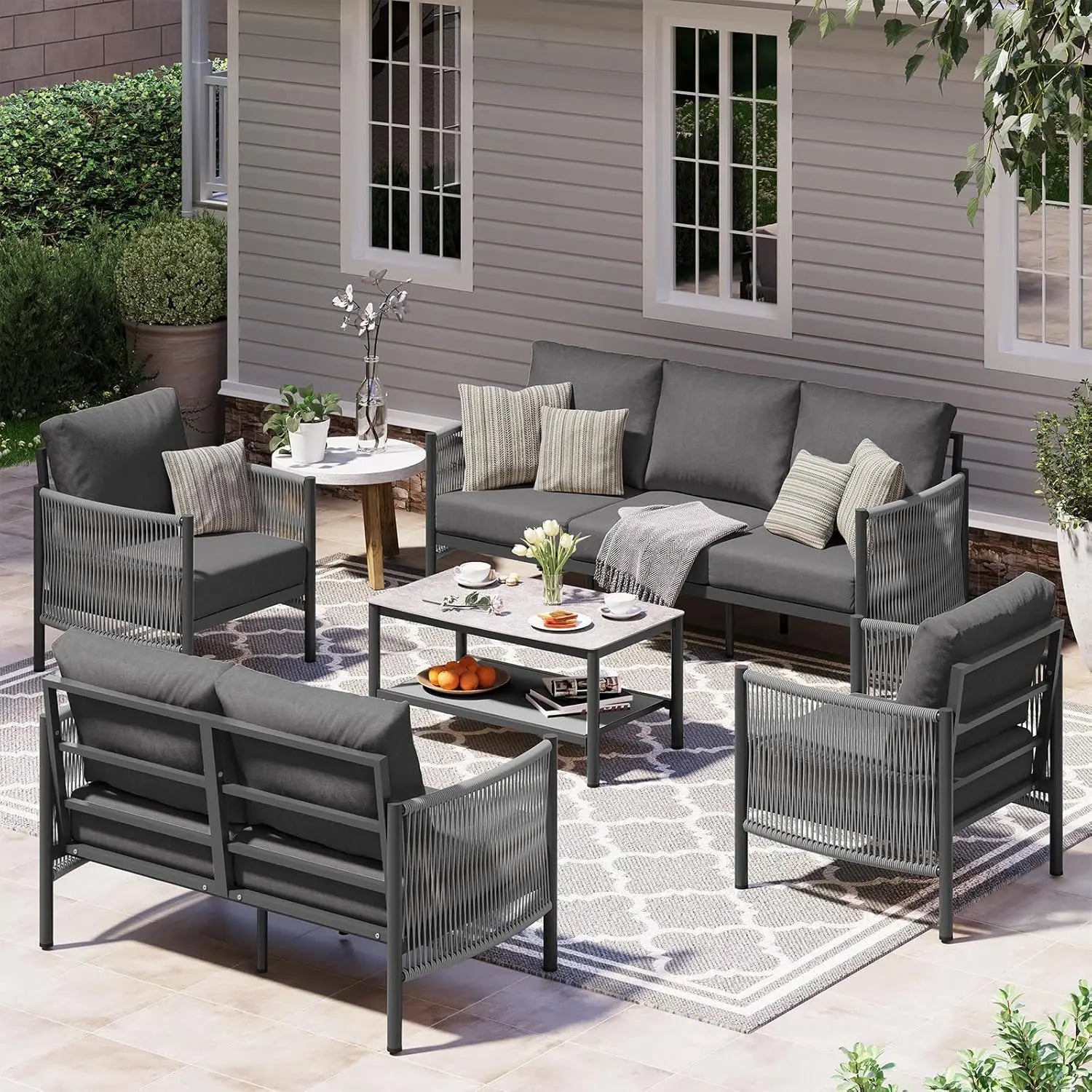 5 Piece Aluminum Outdoor Patio Furniture Set with Dual-Layer Coffee Table,