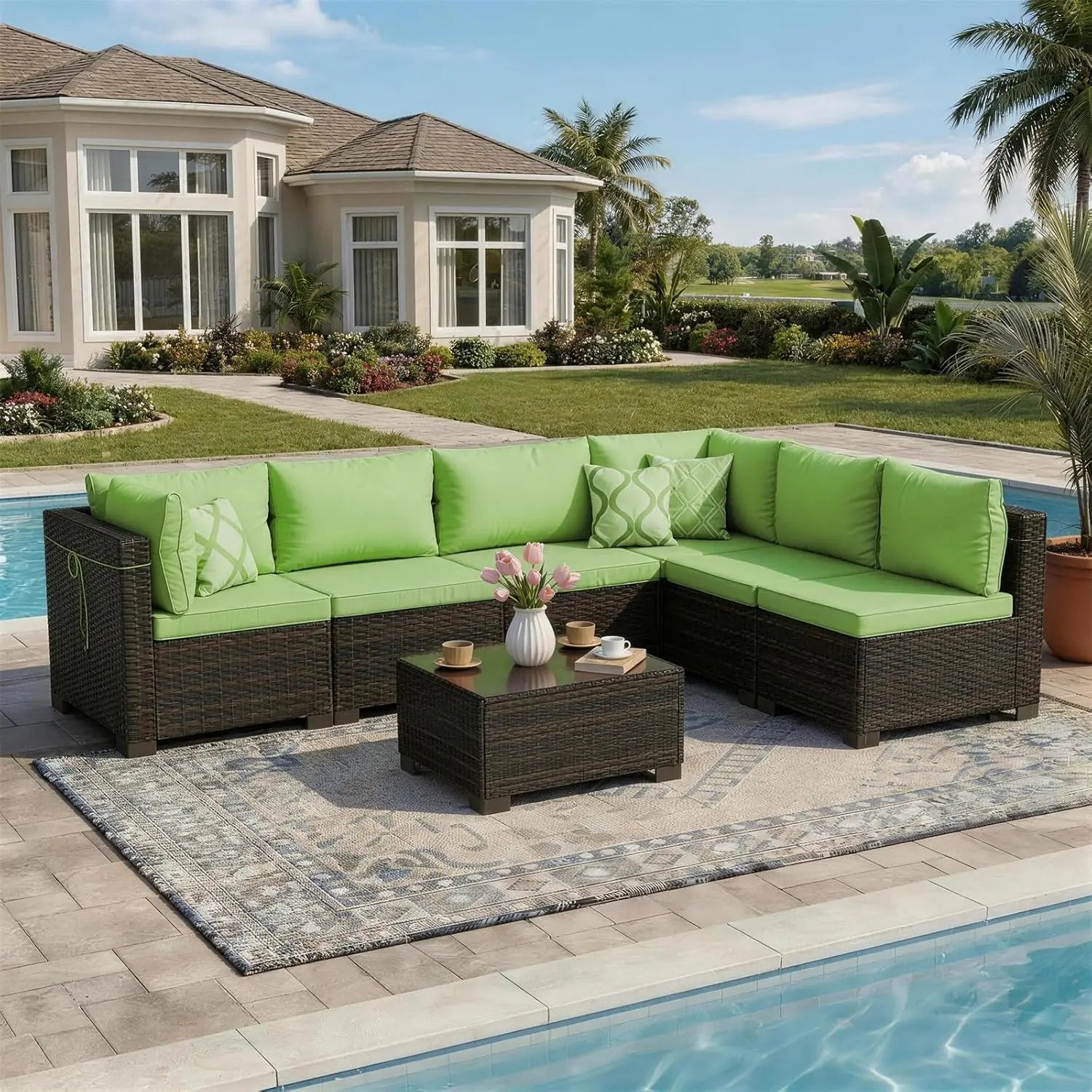 7 Pieces Rattan Wicker Sectional Sofa Set, with Tea Table