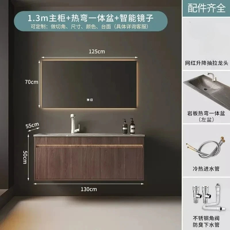 Light Luxury Vanity, Modern Solid Wood Bathroom Sink Cabinet, Rock Slab Integrated Washbasin
