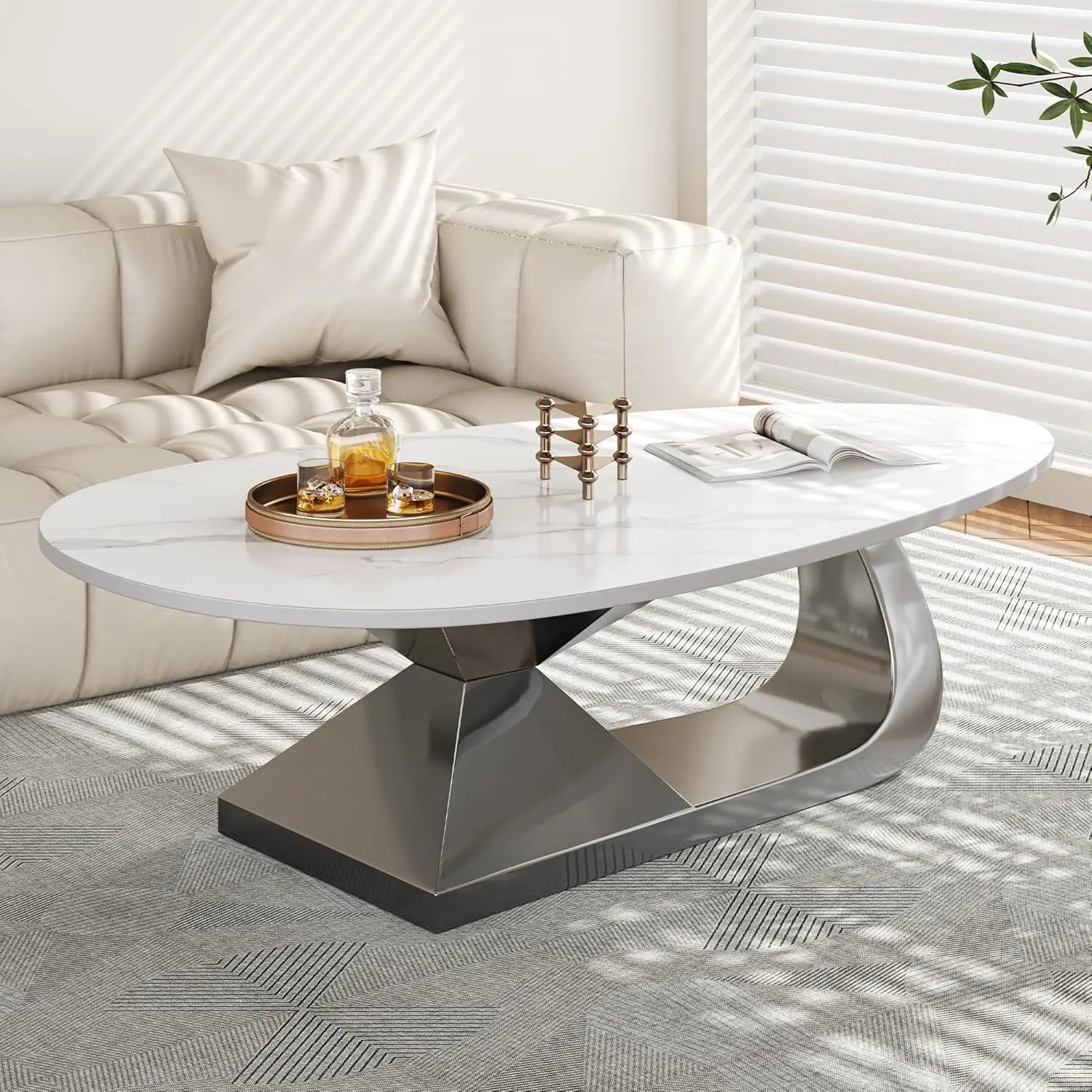 Modern Coffee Table with Silver Stainless Steel Pedestal, Oval Living Room Table with Faux Marble Top