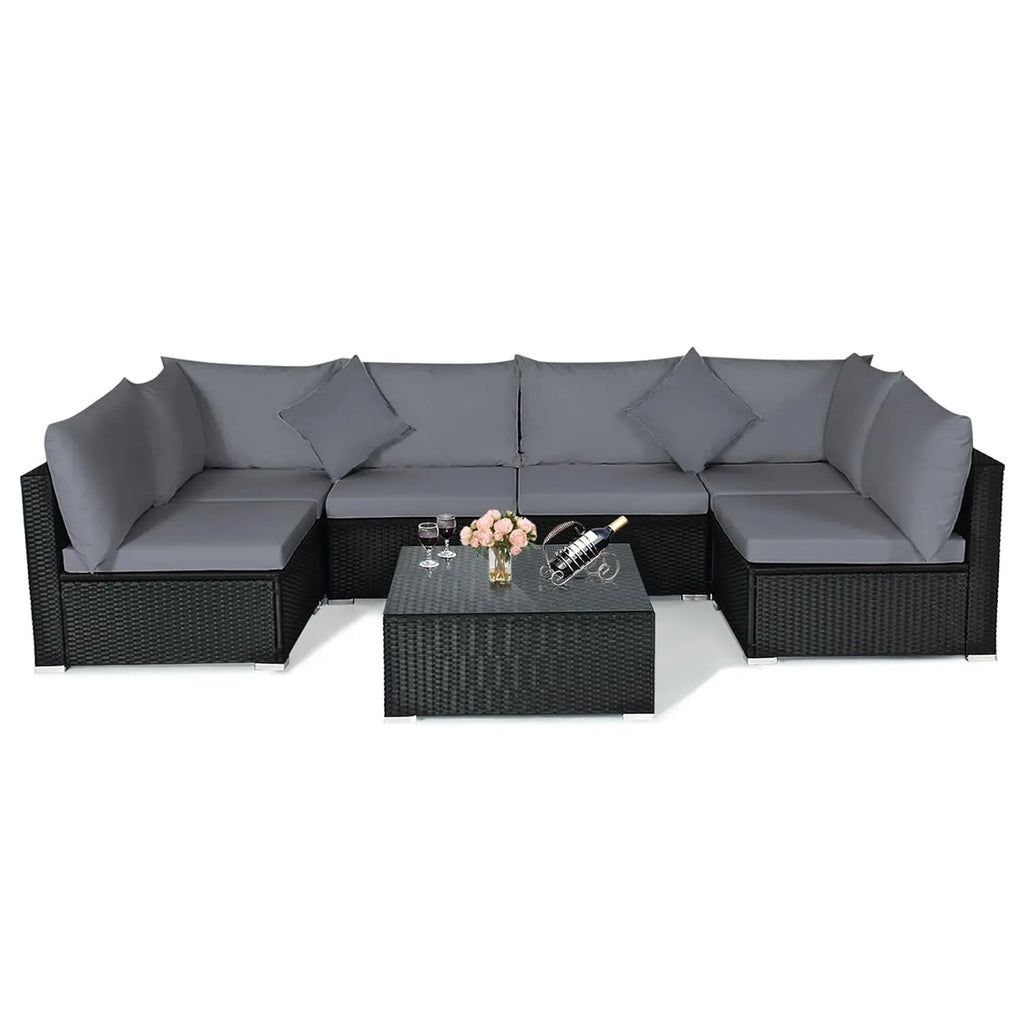 7 Pieces Wicker Patio Furniture Set, All-Weather Outdoor Rattan Sectional Sofa Set with Cushions & Tempered Glass,