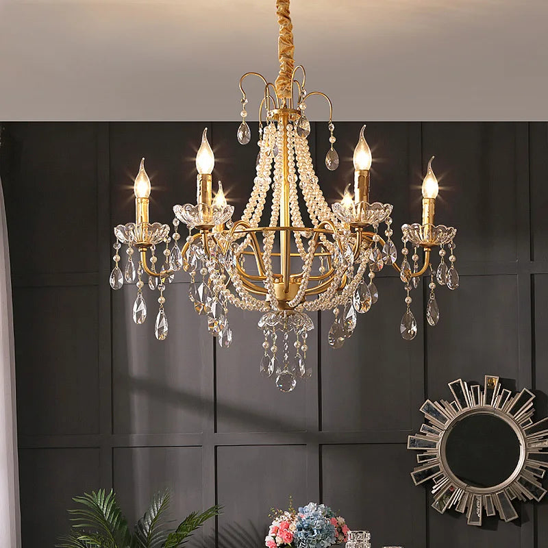American Crystal Lamp French Retro Style Pearl Chandelier Middle Villa for Living Room Dining Room Bedroom Duplex Chandelier