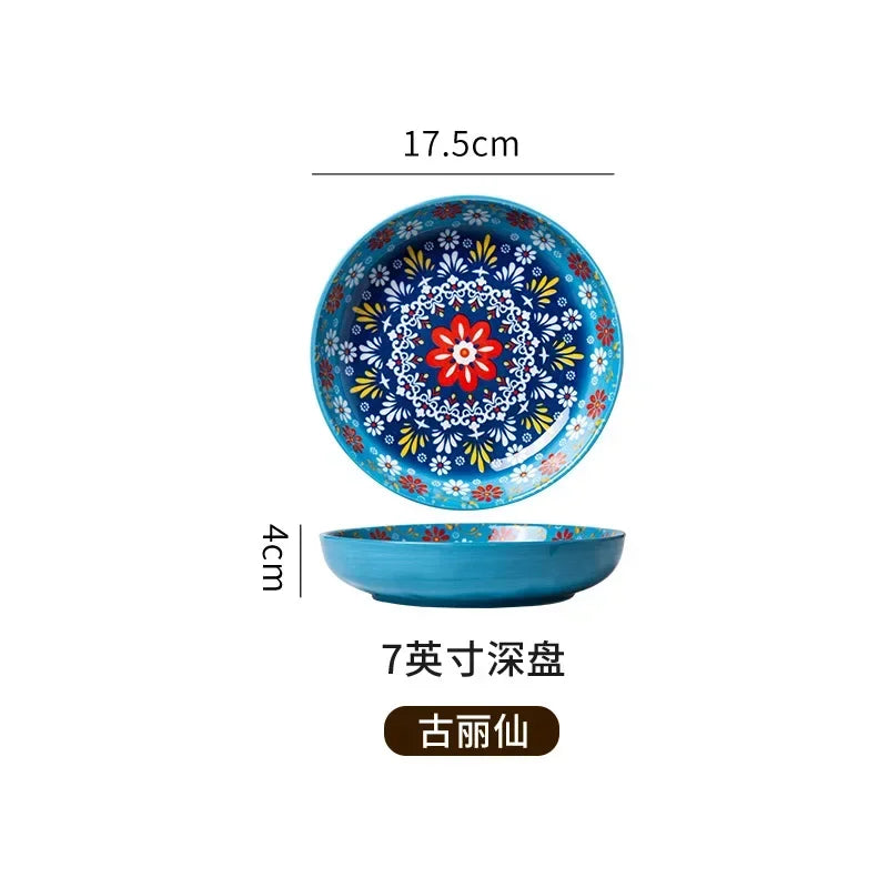 7in or 8in Ceramic Plates Household Retro Tableware Pasta Steak Plate Breakfast Dumpling  Fruit Plate