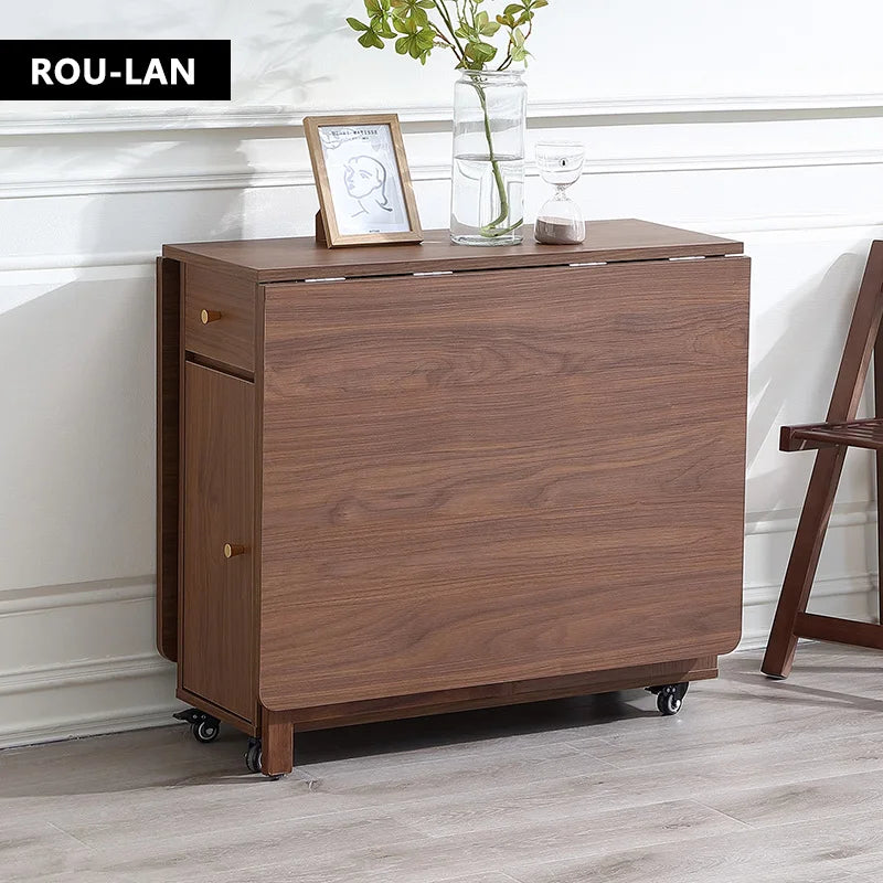 Folding Dining Table and Chairs, with 2 Drawers and 4 Wheels, Space Saving Table