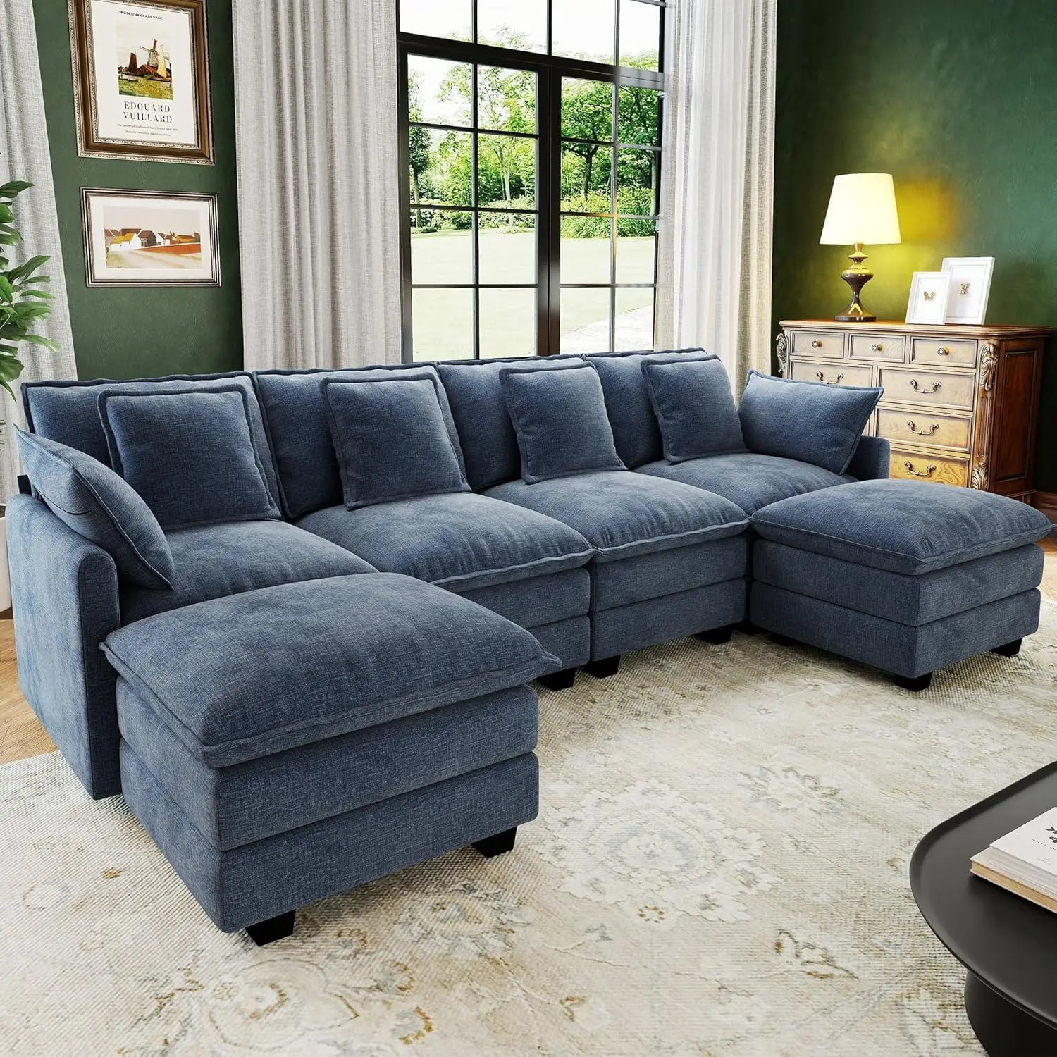 U Shaped Modular Sectional Sofa Deep Seat 4 Seat with 6 Washable Pillows 2 Ottoman Living Room Bedroom Apartment 107", Custom