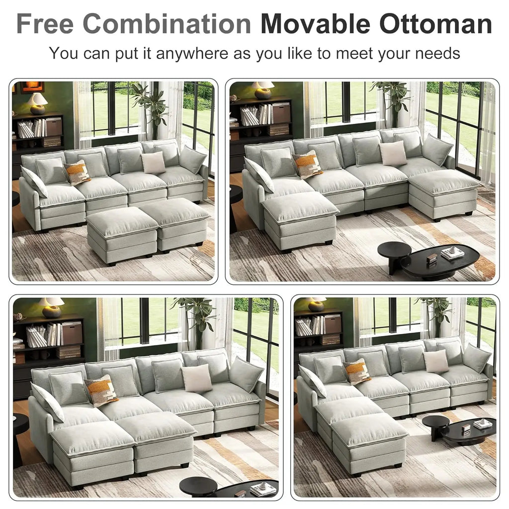 U Shaped Modular Sectional Sofa Deep Seat 4 Seat with 6 Washable Pillows 2 Ottoman Living Room Bedroom Apartment 107", Custom