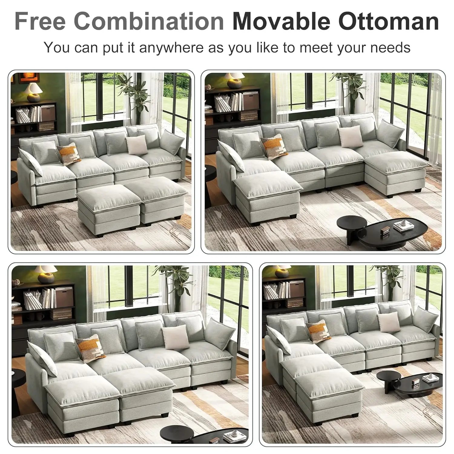 U Shaped Modular Sectional Sofa Deep Seat 4 Seat with 6 Washable Pillows 2 Ottoman Living Room Bedroom Apartment 107", Custom