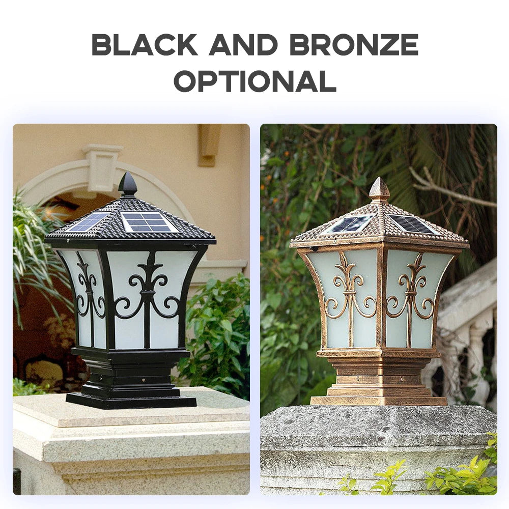 Round Solar Pillar Post Light Waterproof Outdoor LED Gate Lamp 3 Color Dimmable for Garden Patio Yard Decor