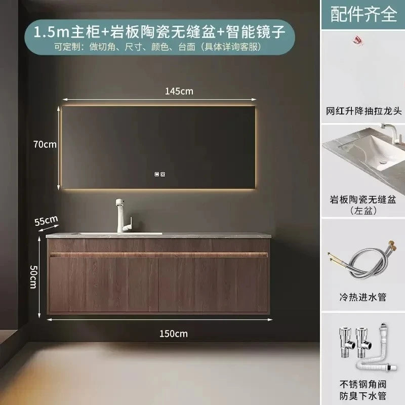 Light Luxury Vanity, Modern Solid Wood Bathroom Sink Cabinet, Rock Slab Integrated Washbasin