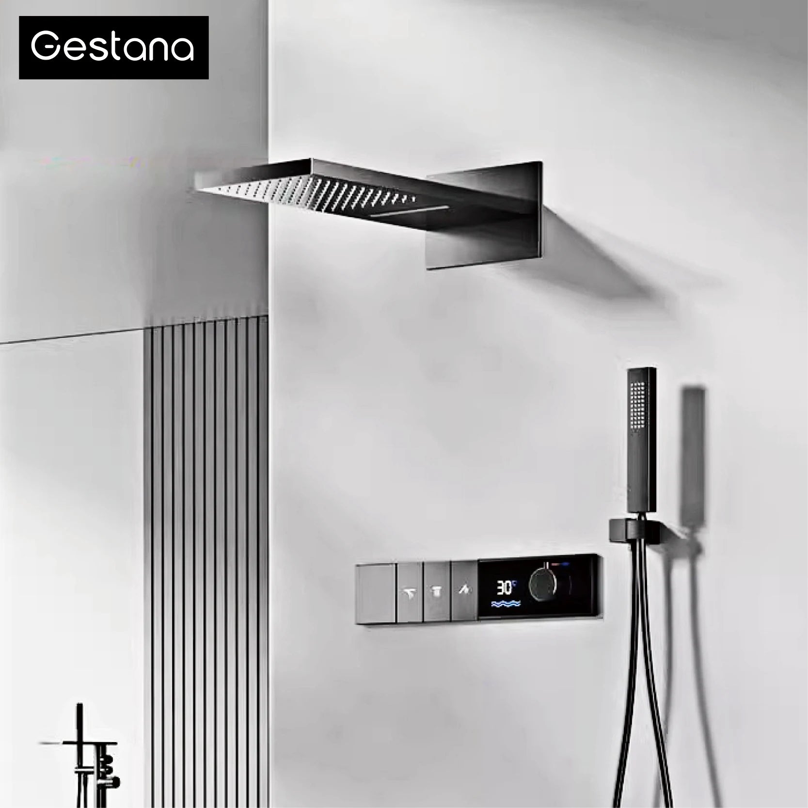 Gunmetal Luxury Brass Built-in Thermostatic Shower System With LED Display Rain&Handheld Wall- Mounted For Bathroom Hot/Cold Tap