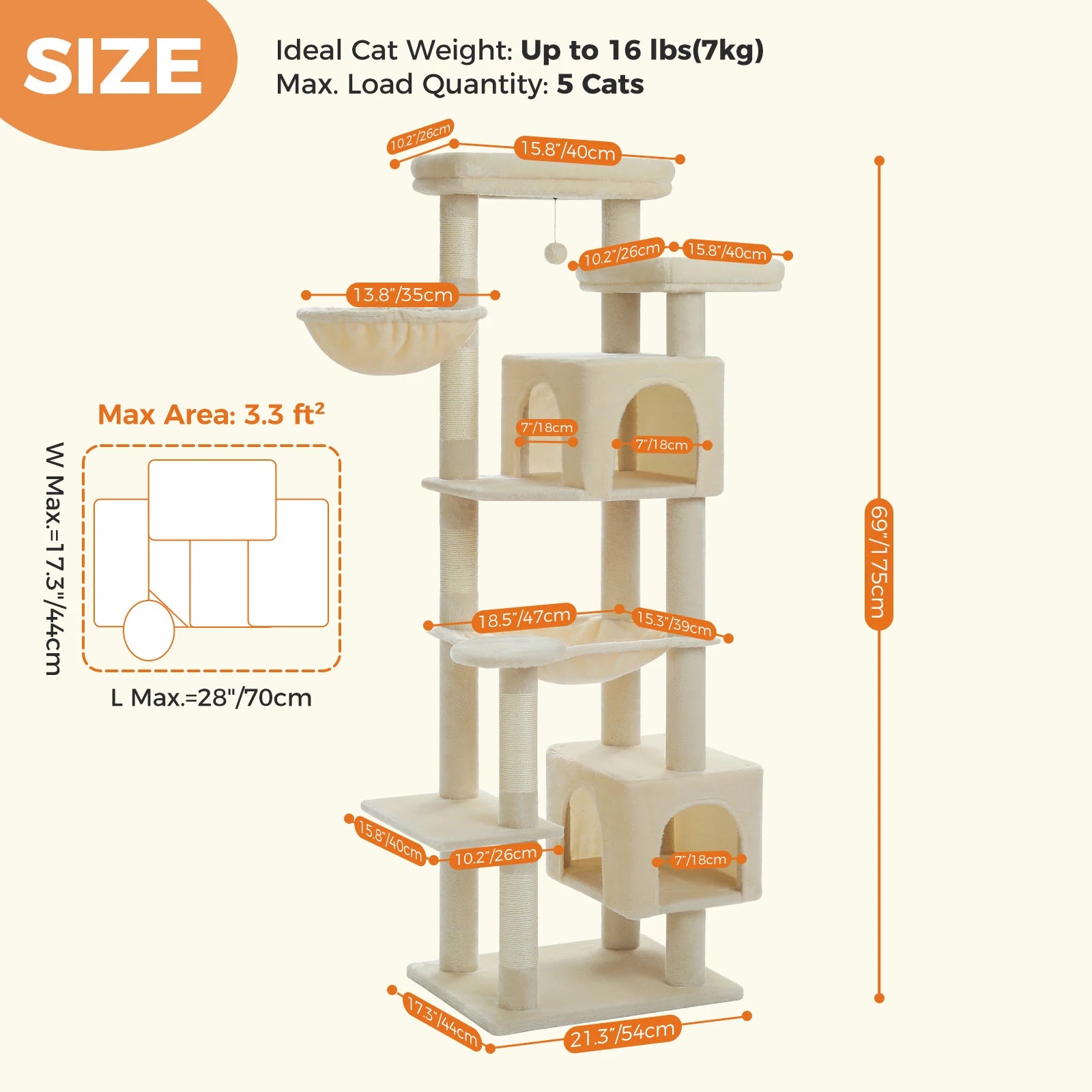Tall Cat Tree for Indoor Cats Big Cat Tower with Super Large Hammock, Cat Climbing Tree with Scratching Posts Condo House