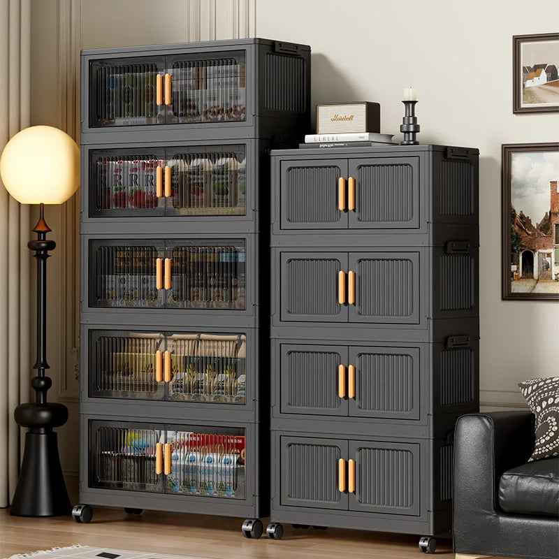 Foldable Storage Cabinets with Wheels, Stackable Plastic Storage Organizers with Transparent Flap Doors,