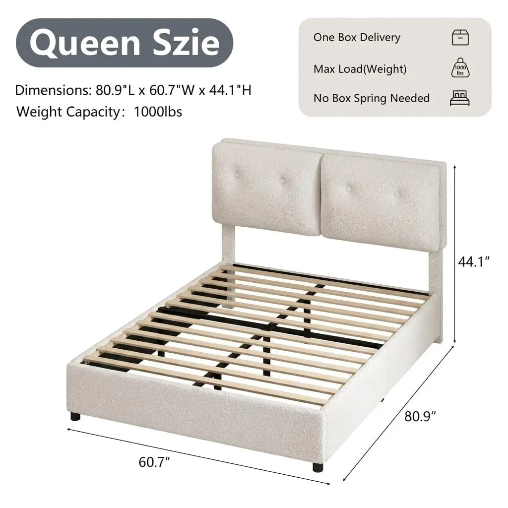 Bed Frame Queen Size, Boucle Upholstered Bed Frame with Headboard, No Box Spring Needed