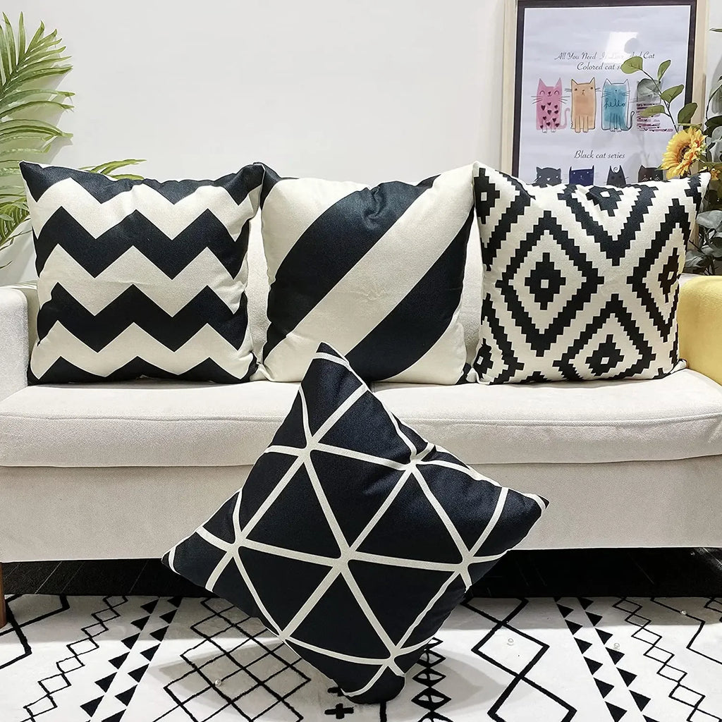 Black Geometric Linen Pillow Cover