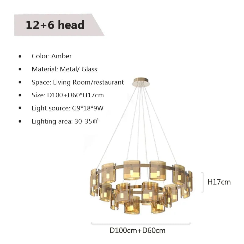 Postmodern LED Amber Smoky Glass Chandeliers