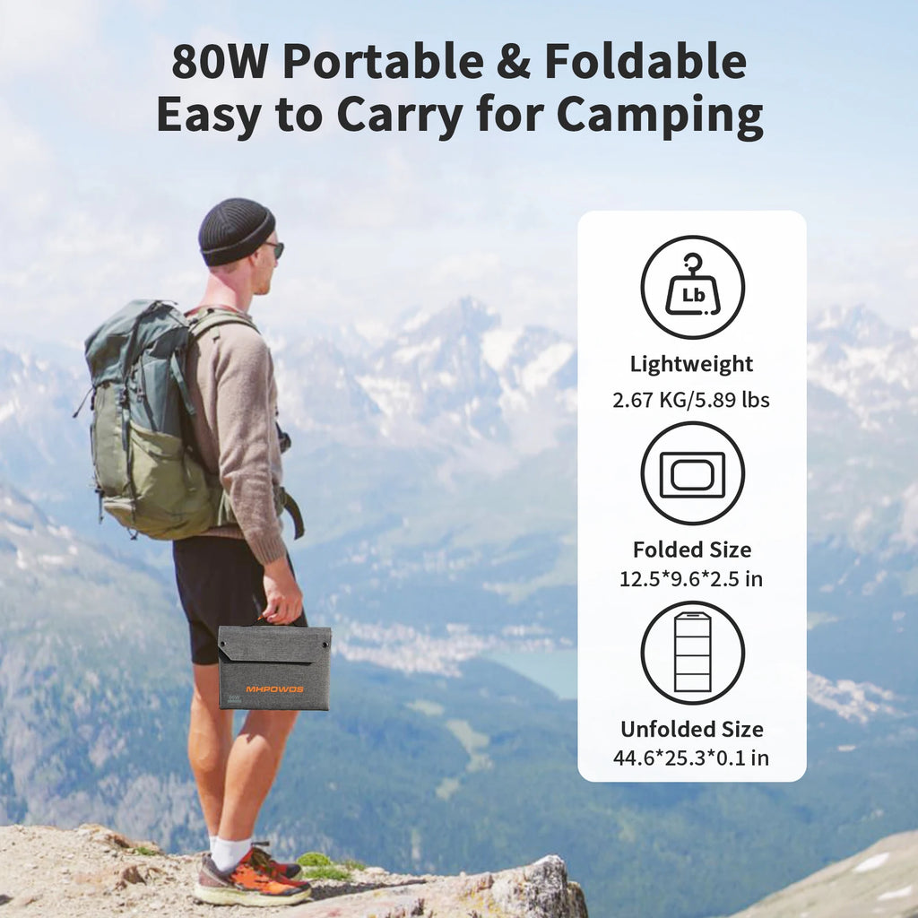 MHPOWOS 80W Foldable Solar Panel Portable Power Supply With 4 Ports (DC/USB-C/2xUSB-A) & 7-in-1 Connector