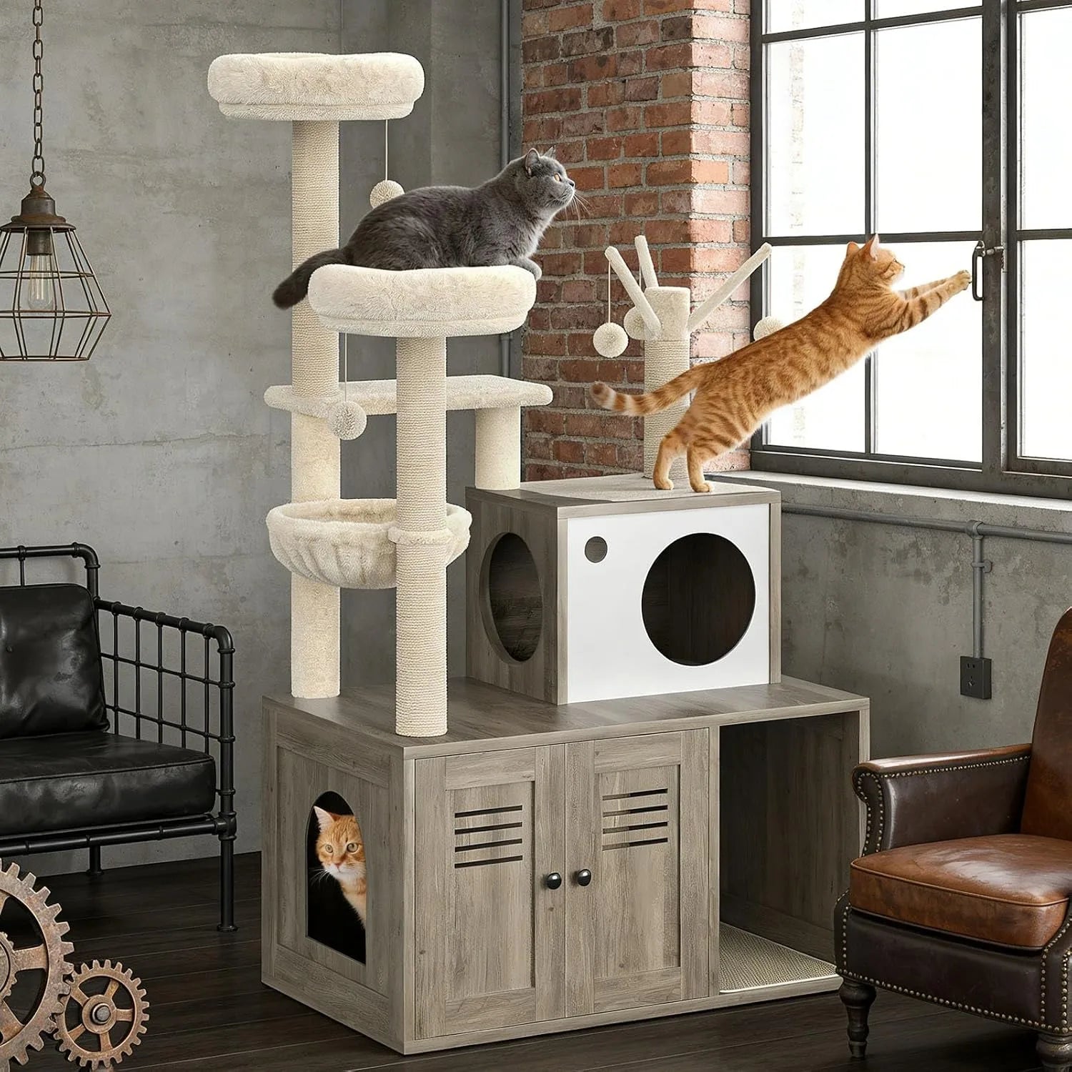 Cat Tower with Litter Box Enclosure, 2-in-1 Modern Cat Tree, 55.1-Inch Cat Condo with Scratching Posts,