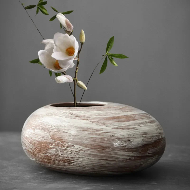 Japanese Style Terracotta Vase Imitation Stone Abstract Flower Arranger