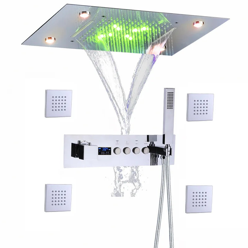 Concealed Brass Shower, LED Thermostatic digital display, showerheads set into the Wall, concealed showerhead in ceiling