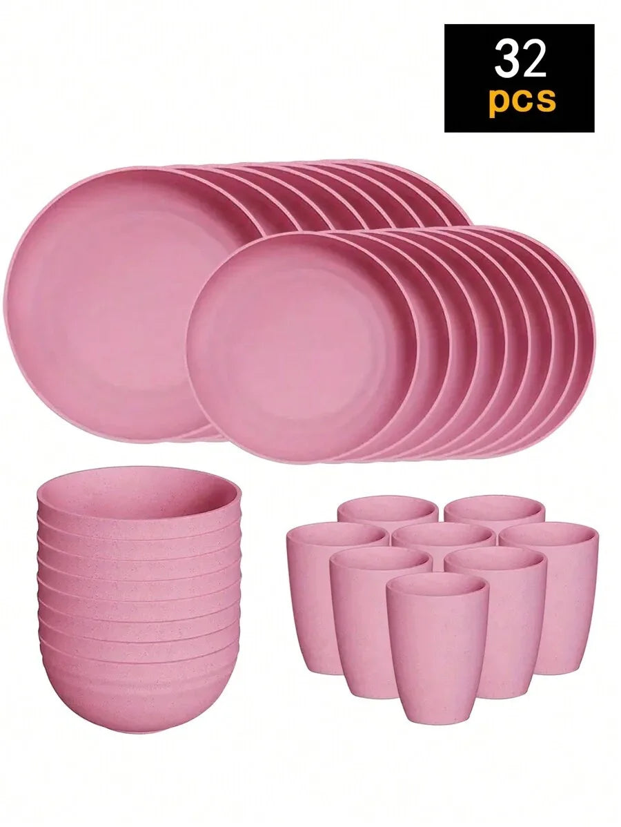 4/16/24pcs Reusable plastic tableware set, including plates, bowls and cups.