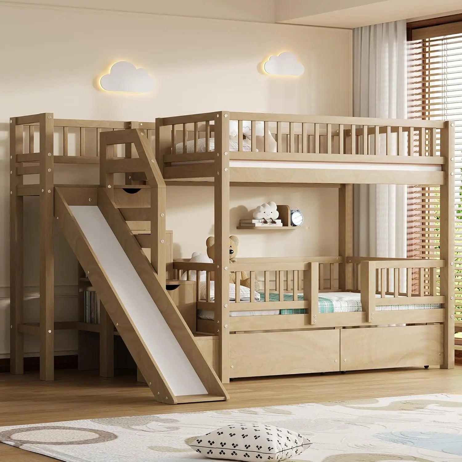 Twin Over Twin Bunk Bed with Slide, Storage Drawers & Staircase, Solid Pine Wood Frame, No Box Spring Needed, Kids, Customized