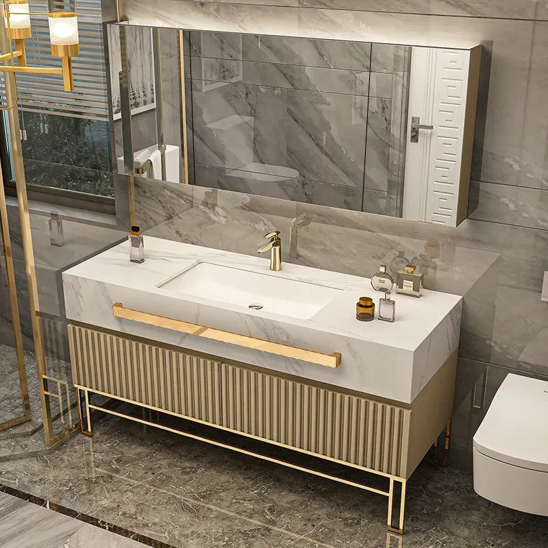 Luxury Bathroom Vanity with Single/Double Slab Ceramic Sink Bathrooms Vanity Smart LED Light Cabinet Sink Bathroom Furniture Set