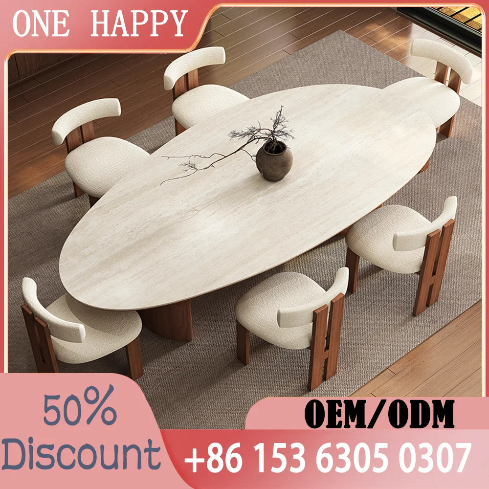 Any Size Custom Beige Travertine Oval Dining Table With Walnut Base