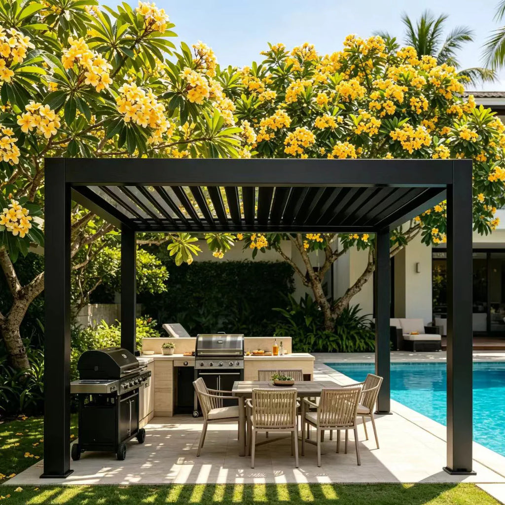 Home Garden Flip Top Aluminum Pergola, Rotatable Louvered Roof Gazebo,
