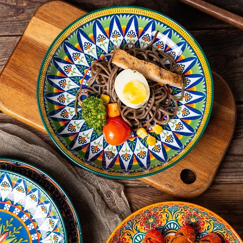 7in or 8in Ceramic Plates Household Retro Tableware Pasta Steak Plate Breakfast Dumpling  Fruit Plate