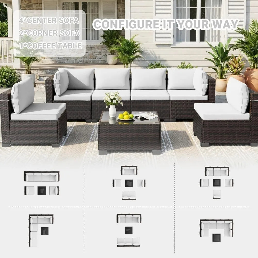 7 Pieces Rattan Wicker Sectional Sofa Set, with Tea Table