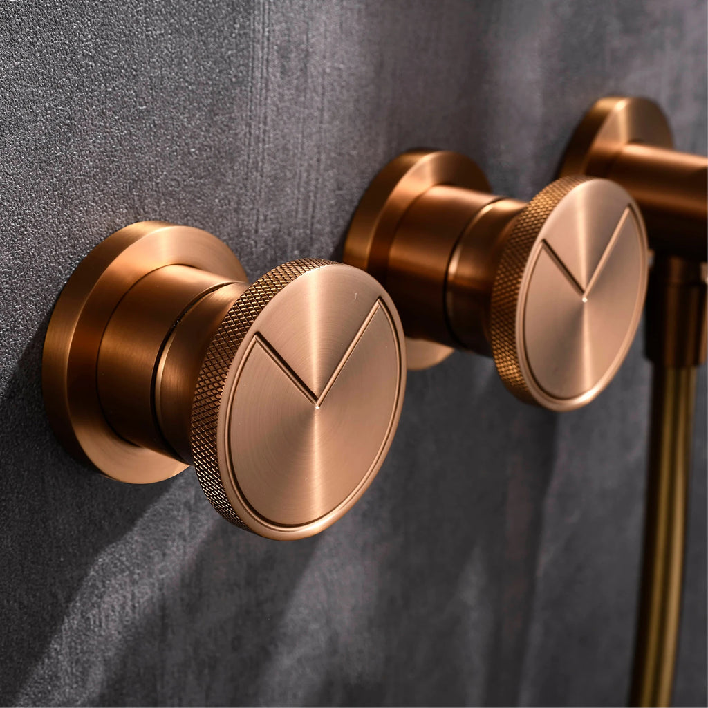 Minimalist Brown Brass Wall Mounted Rainfall Bathroom Shower System Double Handle Hot Cold Mixer Tap Adjustable Water Flo