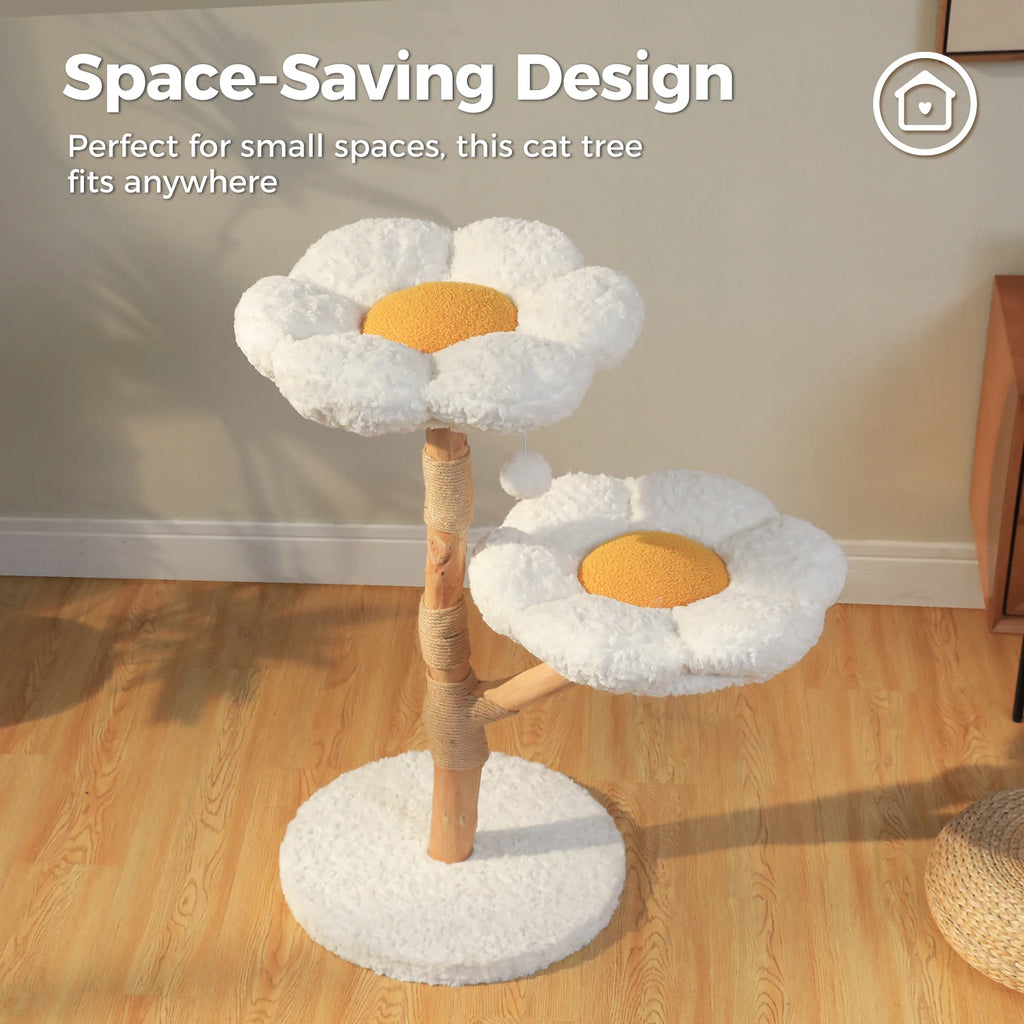 Modern Cat Tree Tower with Natural Solid Wood Scratching Posts Spacious Wicker Basket Luxury Cat Condo Bed