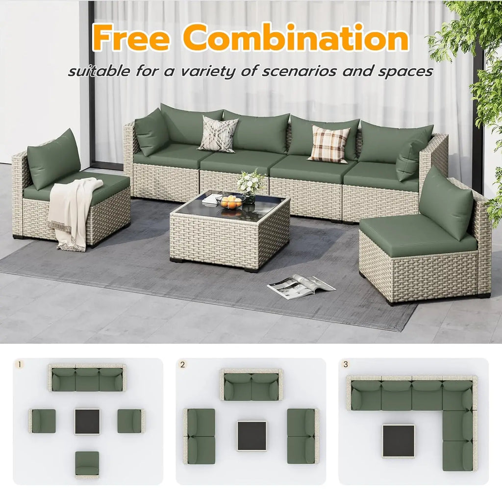 Outdoor Patio Furniture Set, 7 Pcs PE Wicker Sectional Sofa with Tea Table,