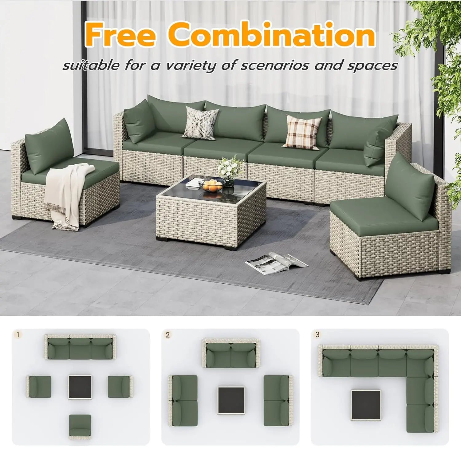 Outdoor Patio Furniture Set, 7 Pcs PE Wicker Sectional Sofa with Tea Table,