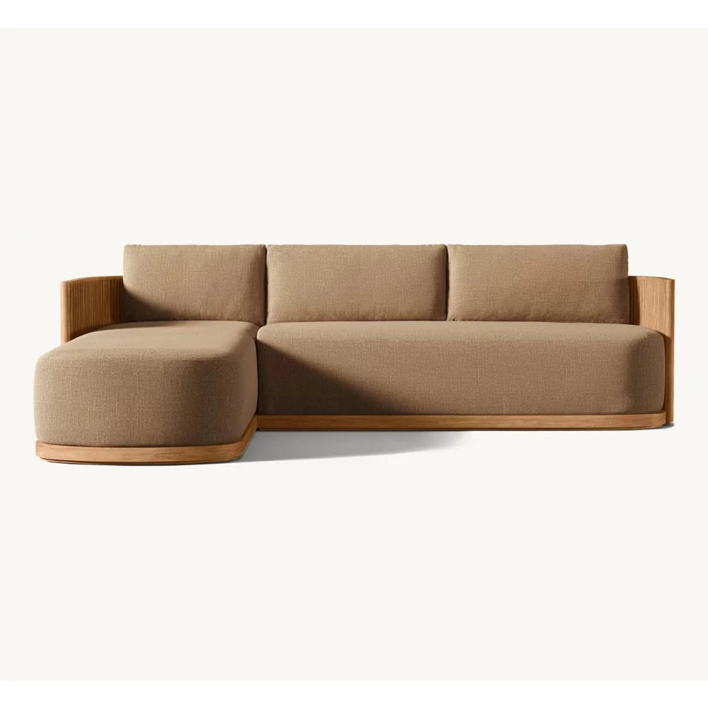 Outdoor patio teak sectional sofa set, Waterproof fabric sofa, table and chair covers, wood frame