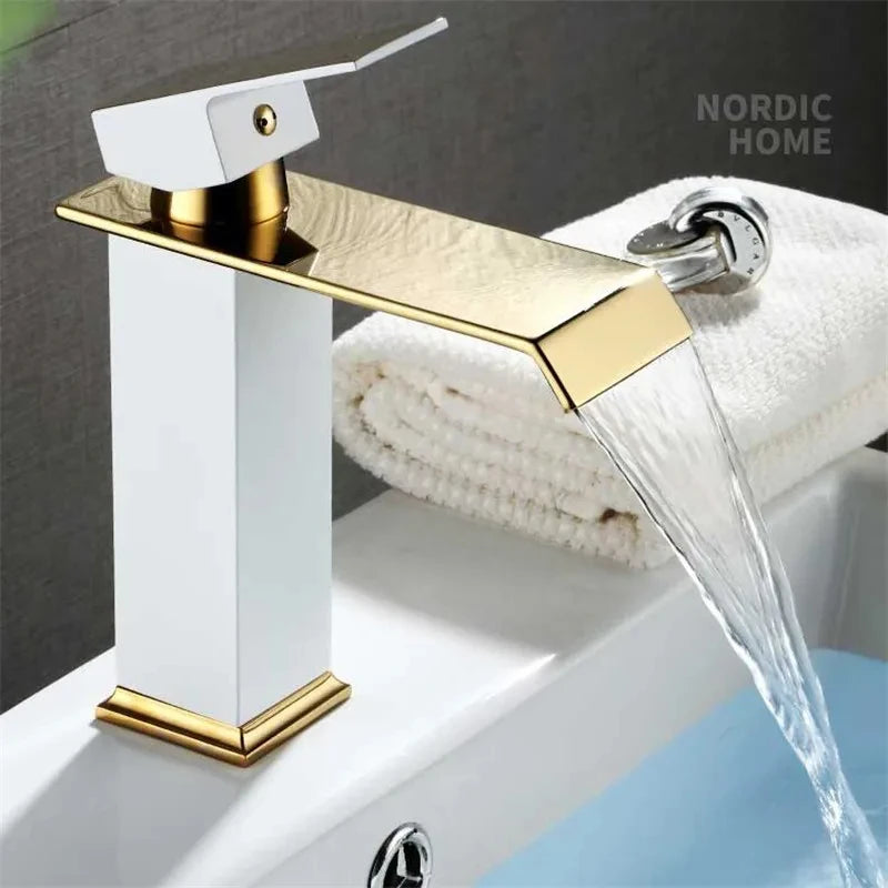 Brass Gold and Black Waterfall Bathroom Faucet