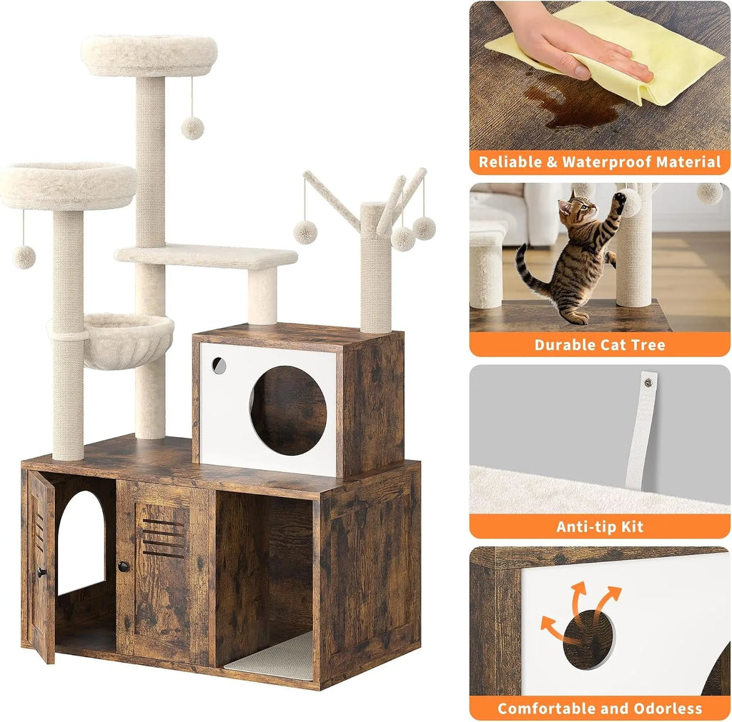 Cat Tower with Litter Box Enclosure, 2-in-1 Modern Cat Tree, 55.1-Inch Cat Condo with Scratching Posts,