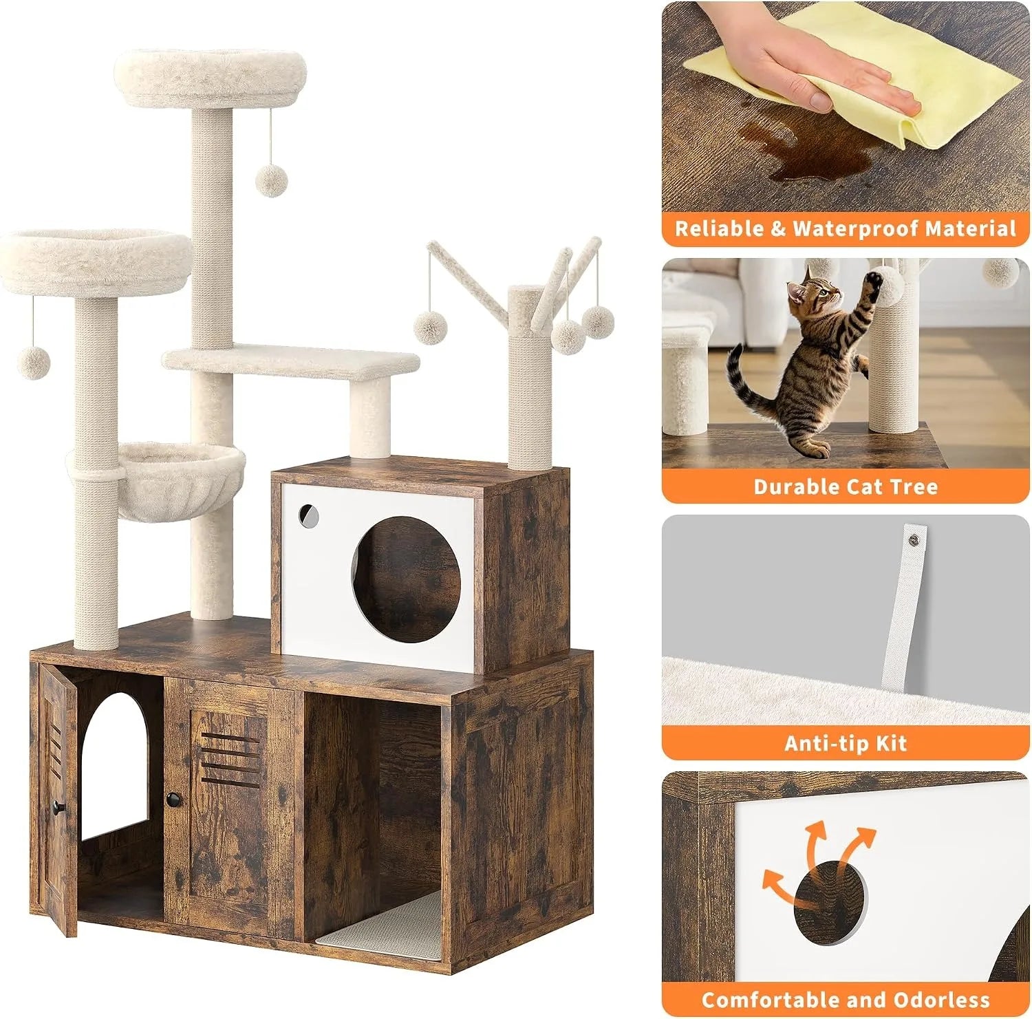 Cat Tower with Litter Box Enclosure, 2-in-1 Modern Cat Tree, 55.1-Inch Cat Condo with Scratching Posts,