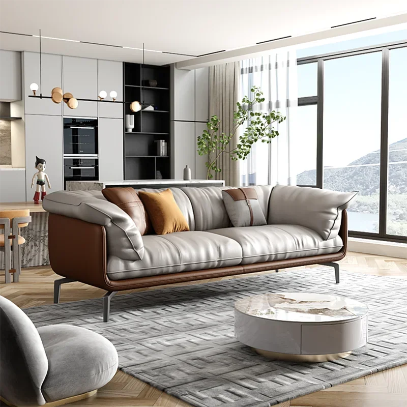 Nordic Vintage Brown Leather Designer Sofa